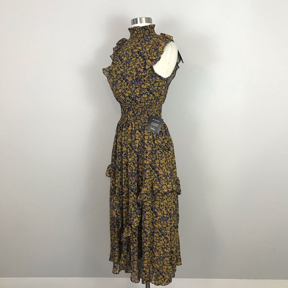 Lulus XS Evalina Midi Dress High Neck Floral Yellow Purple - Picture 16 of 16